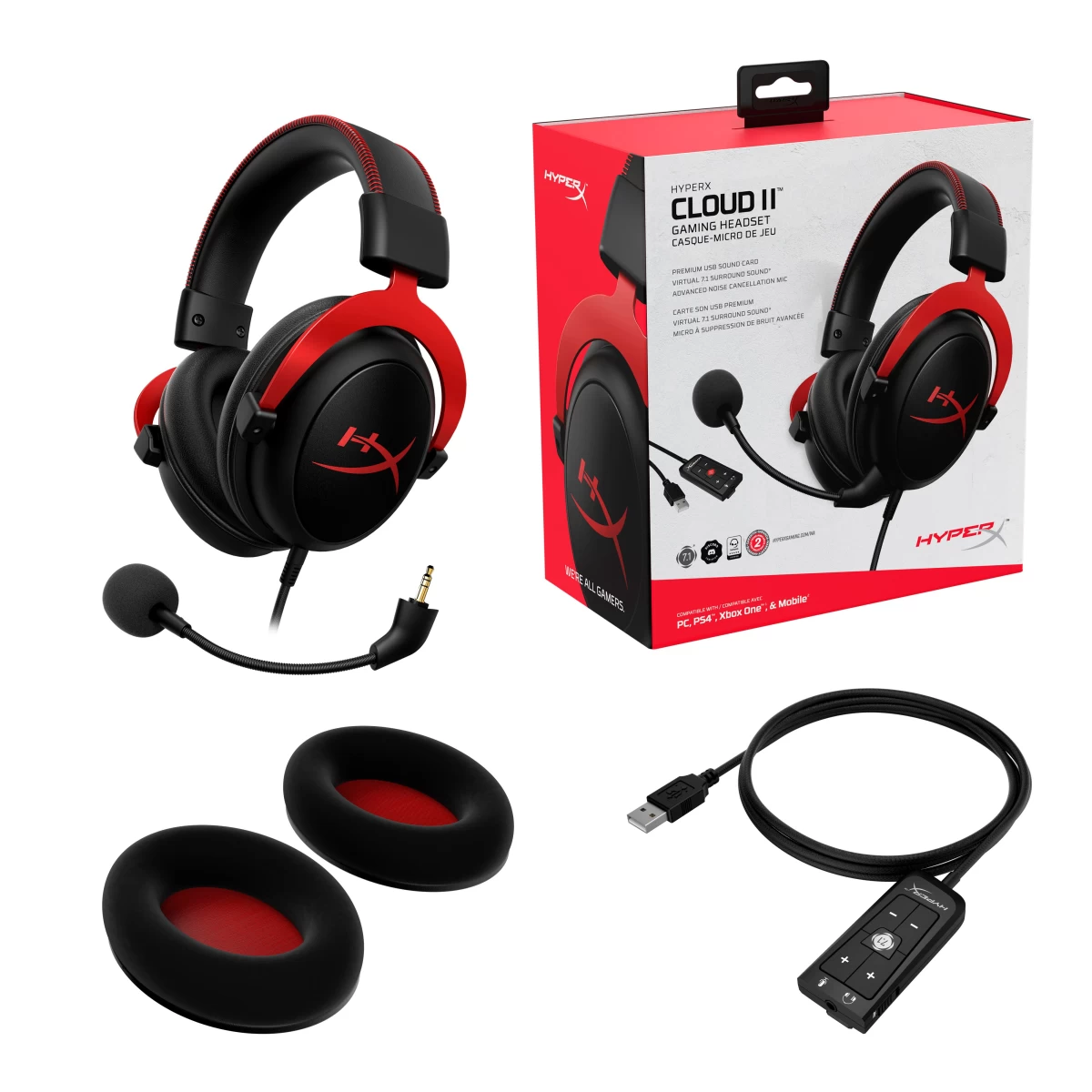HP HyperX Cloud II Gaming Headset 7.1 Virtual Surround Sound for PC / PS4 / Mac / Mobile - Red