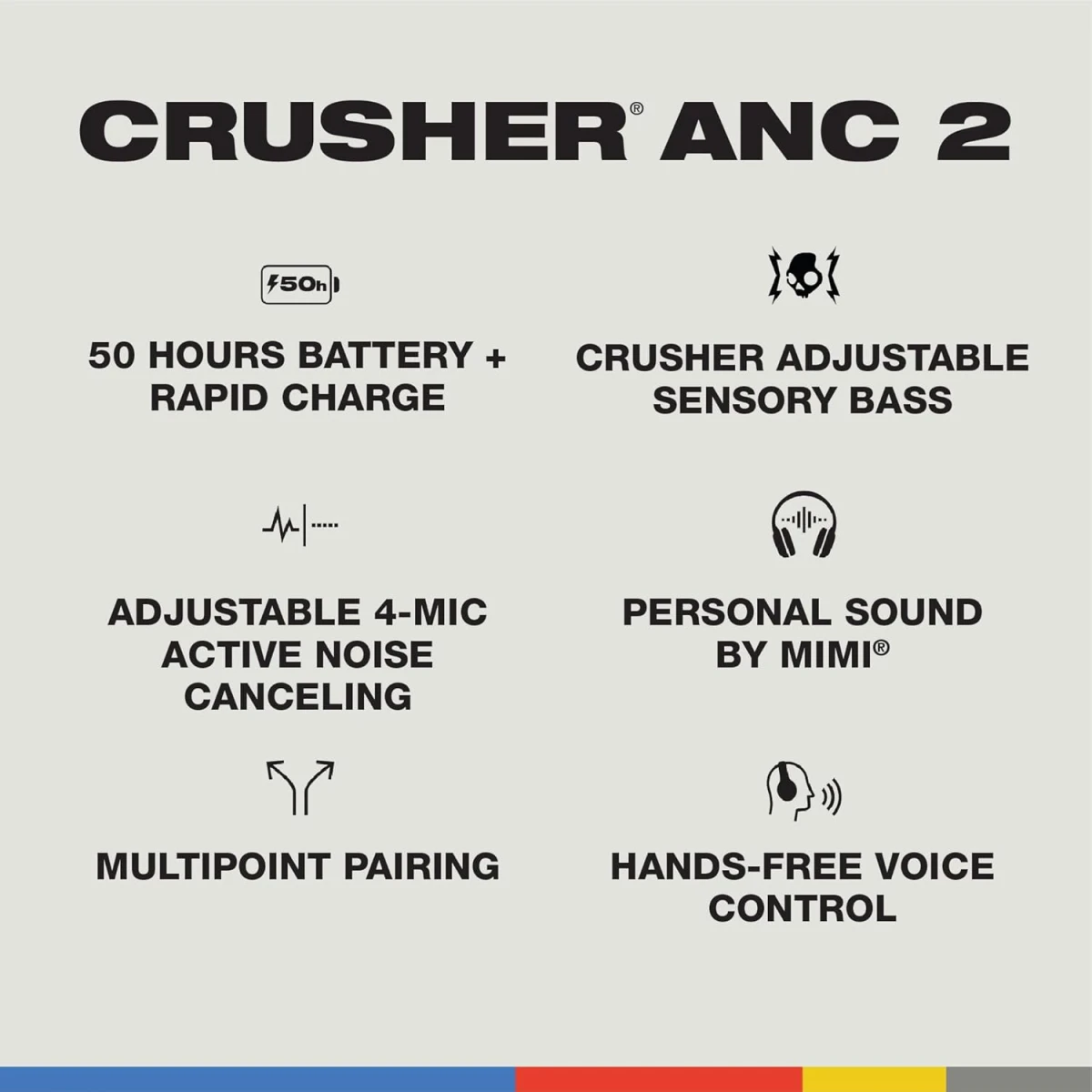Skullcandy Crusher ANC 2 Wireless Over-Ear Bluetooth Headphones with Multi-Sensory Bass and Charging Cable, Active Noise Cancelling, Up to 60 Hours Battery, Microphone for iPhone Android - Preppy Blue