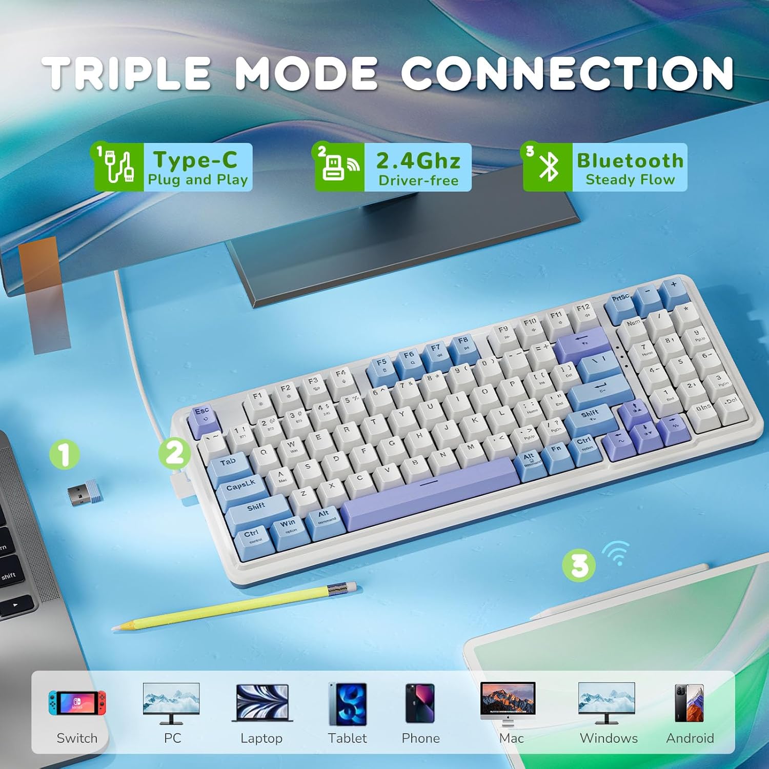 Redragon Mechanical Keyboard Wireless, Gaming Keyboard Wireless 3-Modes 94 Keys Mechanical Keyboard Hot-Swap Socket, RGB Creamy Gaming Keyboard Gasket Structure for PC/Tablet/Laptop/Xbox/PS4/PS5