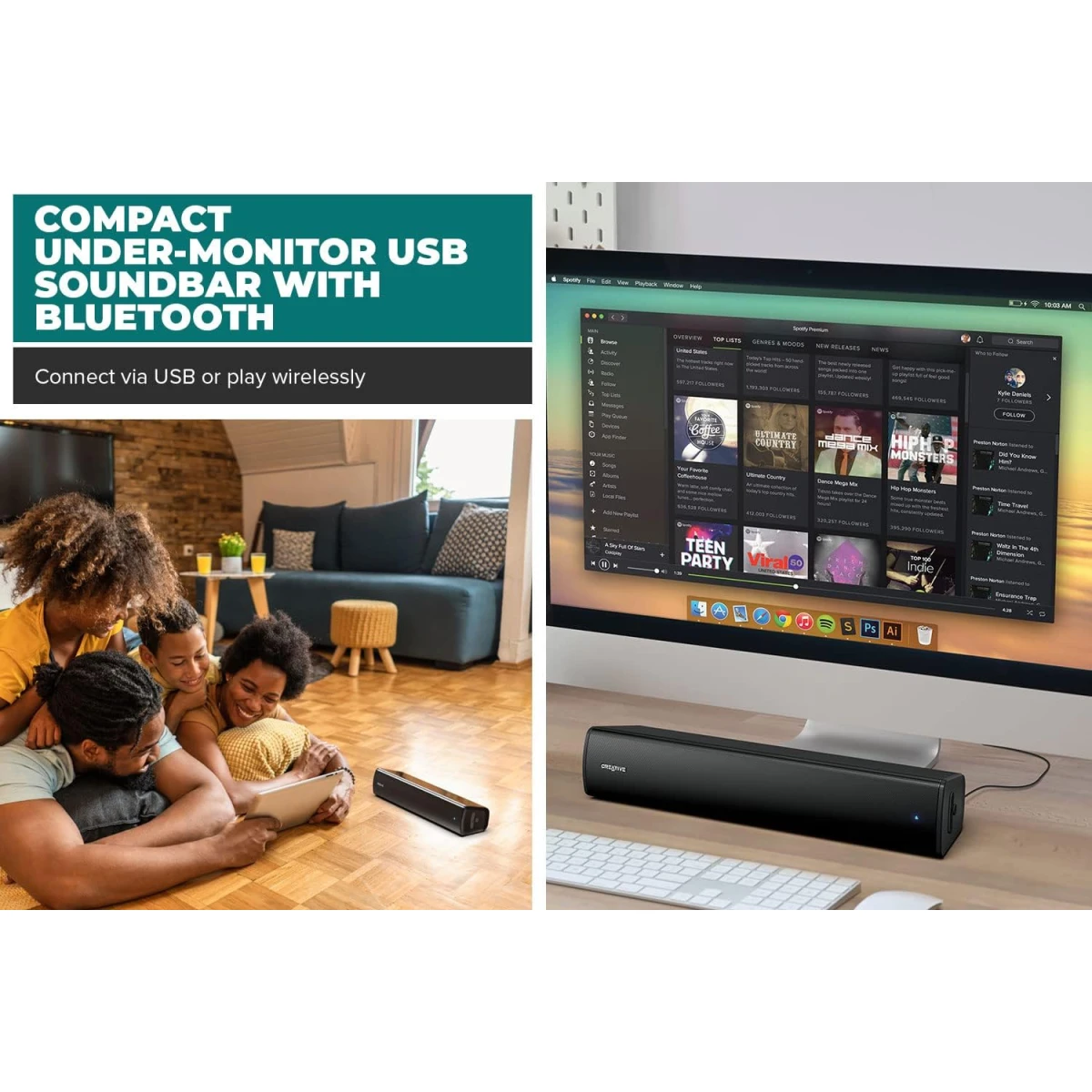 Creative Stage Air V2 USB Soundbar 6 Hours Battery Bluetooth 5.3 Dual-Driver & Passive Radiator Compatible with Nintendo & PS5