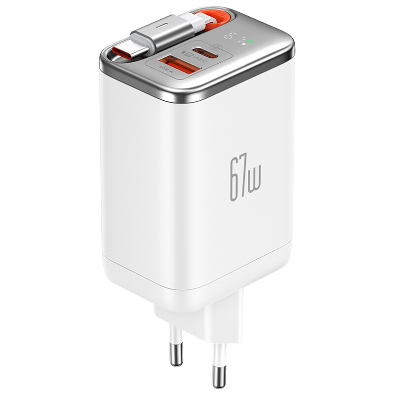 Mcdodo CH-410 Super-Fast Wall Charger 2IN1 USB-C & USB-A GAN 67W 3A, Display + Retractable Cable 65 cm 60W - White