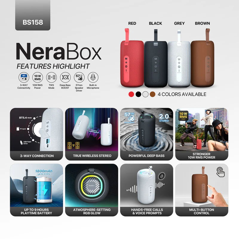 FANTECH BS158 NeraBox 10W RMS PORTABLE SPEAKER Rechargeable Battery - Black