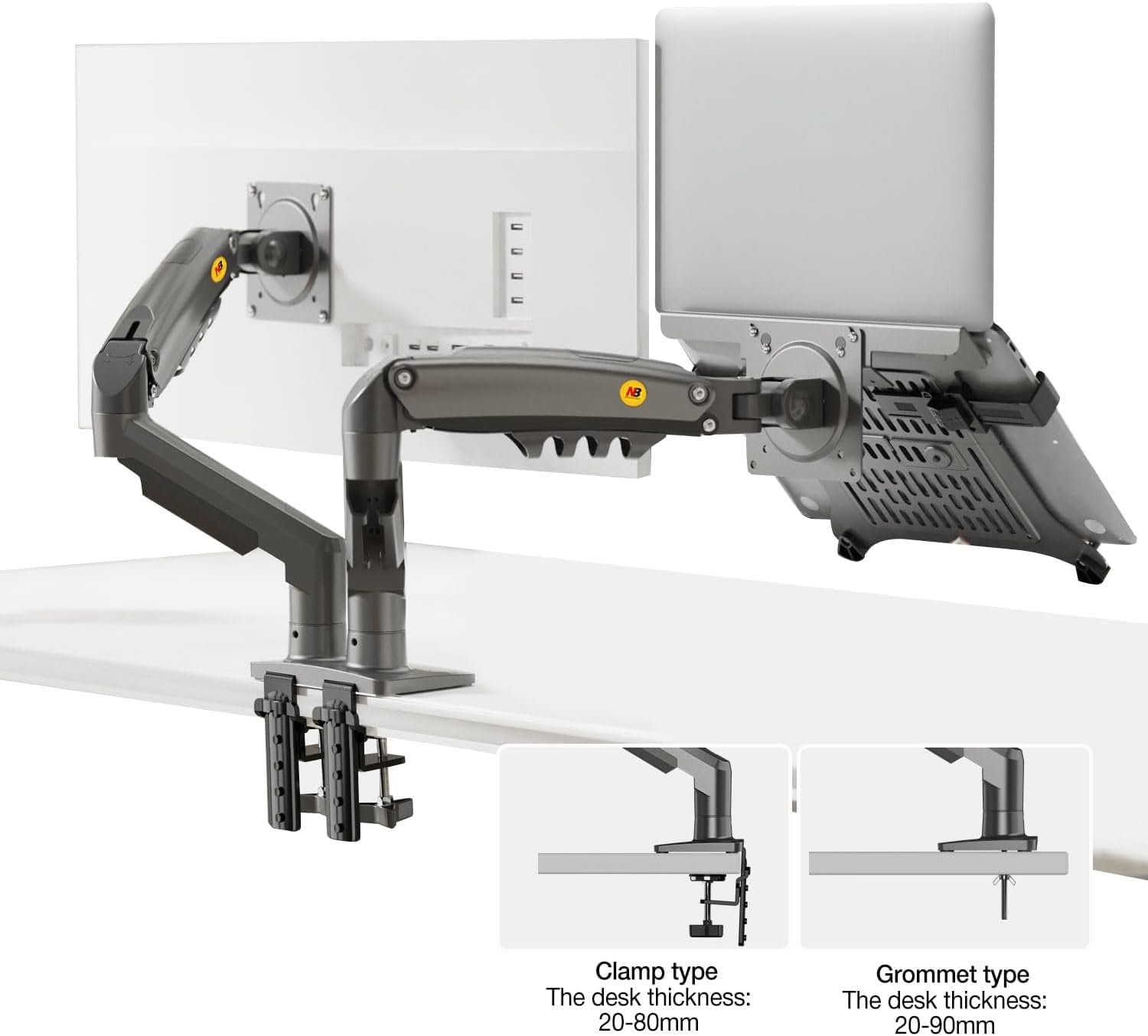 NB North Bayou Laptop Mount with Adjustable Tray for 10-17"Notebook, Full Motion Arm with VESA Plate for 17-30”Monitor,Clamp-on Grommet Mounting F160-FP (Black) hover