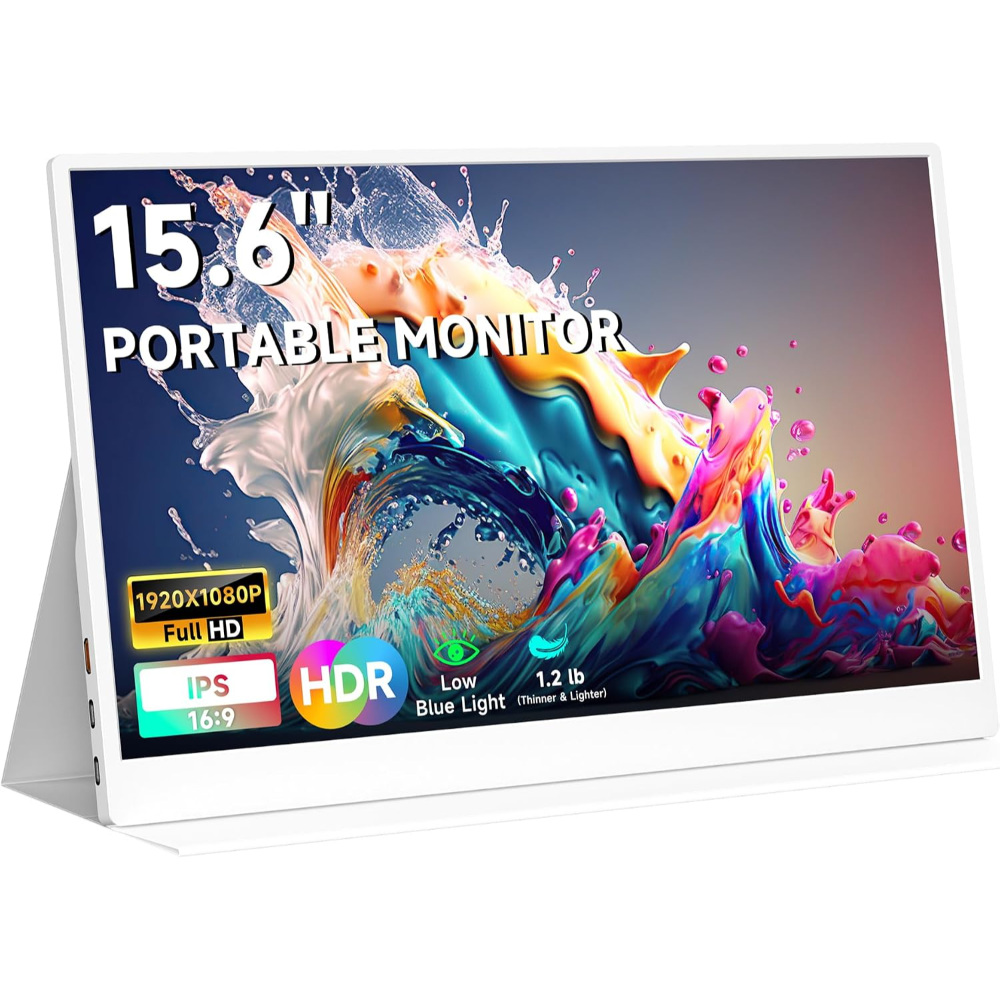 AYY 15.6 Inch Portable Monitor 1080P FHD USB-C HDMI External Display for Laptop Phone MAC PS5 Switch Xbox, Ultra-Slim 100% sRGB Portable Second Screen with Dual Speakers & Smart Cover, IPS, White