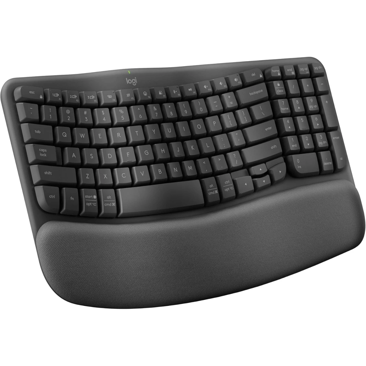 Logitech Wave Keys Keyboard, Bluetooth / Logi Bolt Receiver Connectivity, Ergo-Certified, More Palm-Support, 3-Layers Memory Foam, 2x AAA Battery, English-Arabic Layout, Graphite