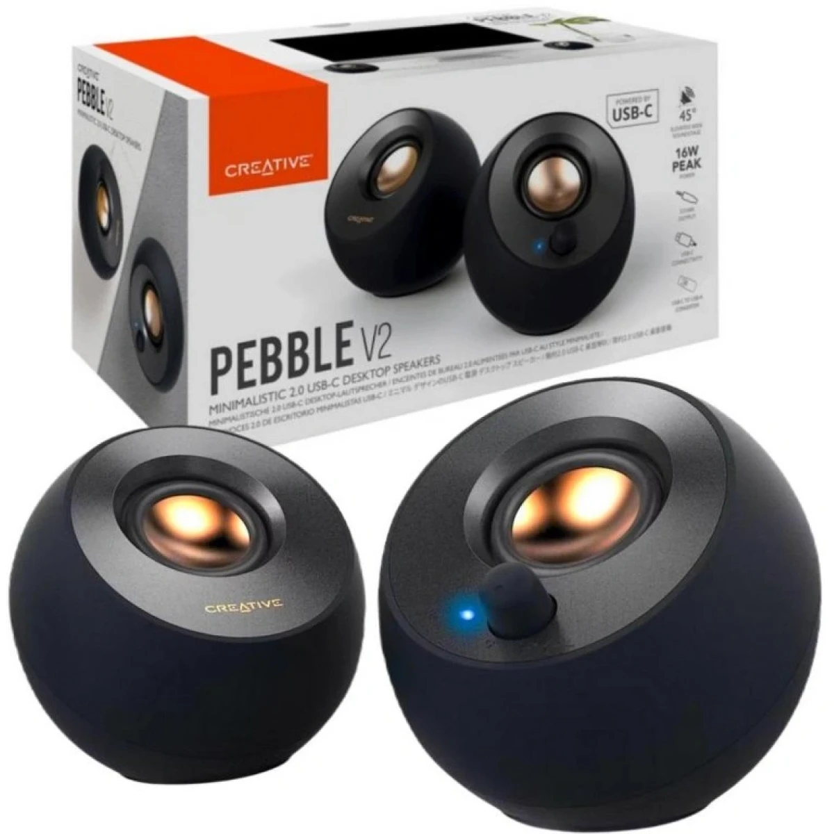Creative Pebble V2 Minimalistic 2.0 USB-C Powered 3.5 mm AUX-in Up to 8W RMS Type-A Adapter Included & Extended Cable - Black