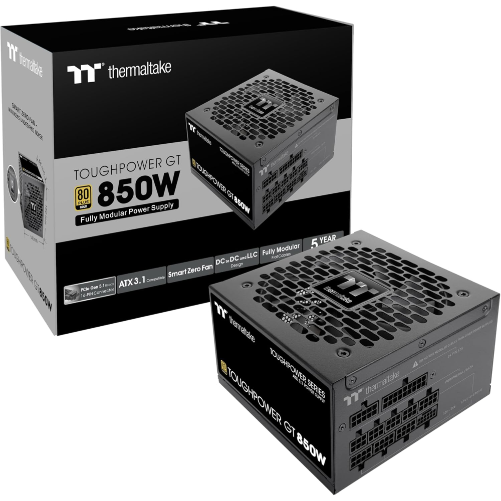 Thermaltake Toughpower GT 850W ATX 3.1 80 Plus Gold Fully Modular Smart Zero Fan; Native 450W PCIe 5.1 Connector BLACK