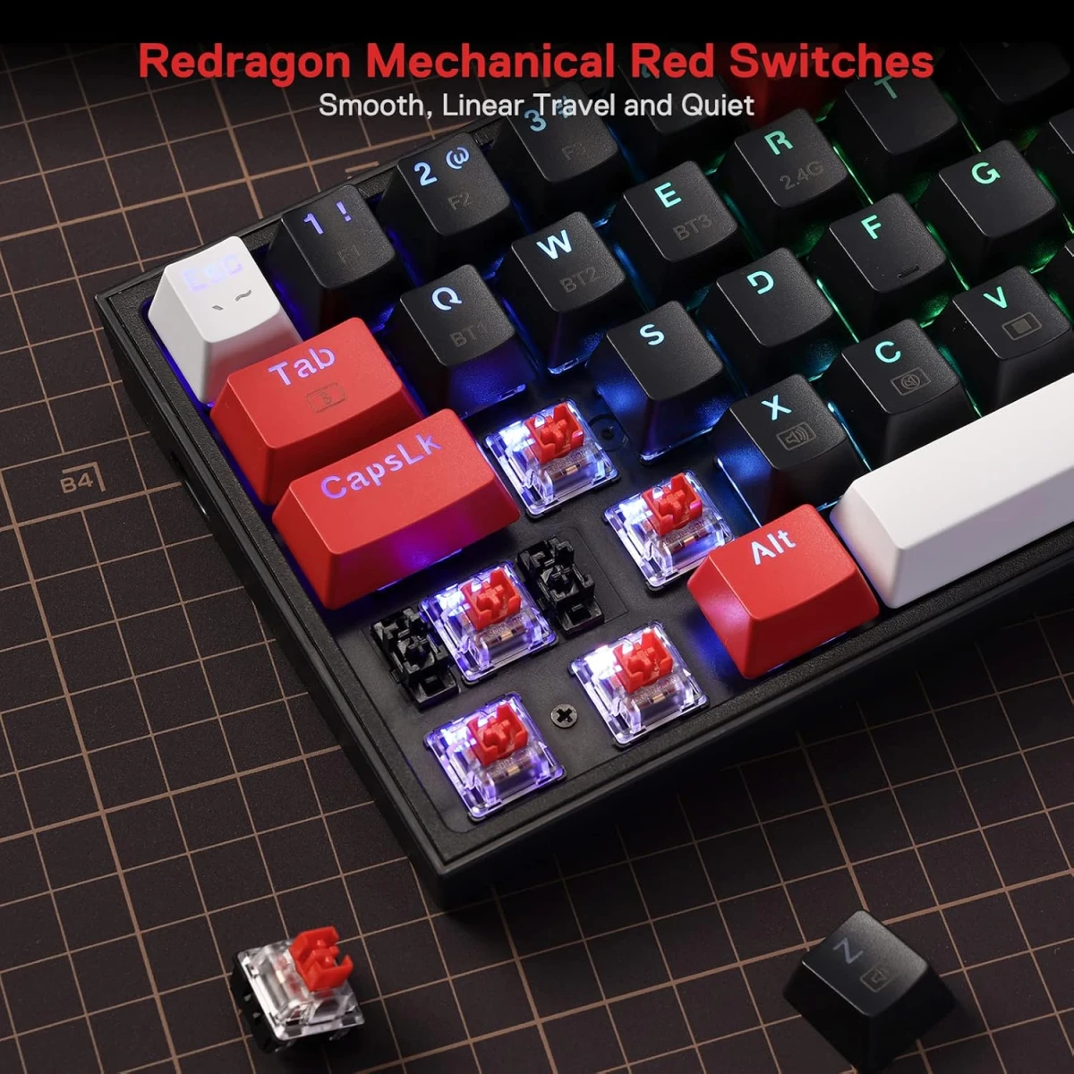 Redragon K631RGB Castor Pro Mechanical Gaming Keyboard, 68 Keys, Wireless 2.4G+Bluetooth+Wired Triple Mode Connect, Detachable Type-C to USB, Anti-Ghosting, HUANO Red Switch