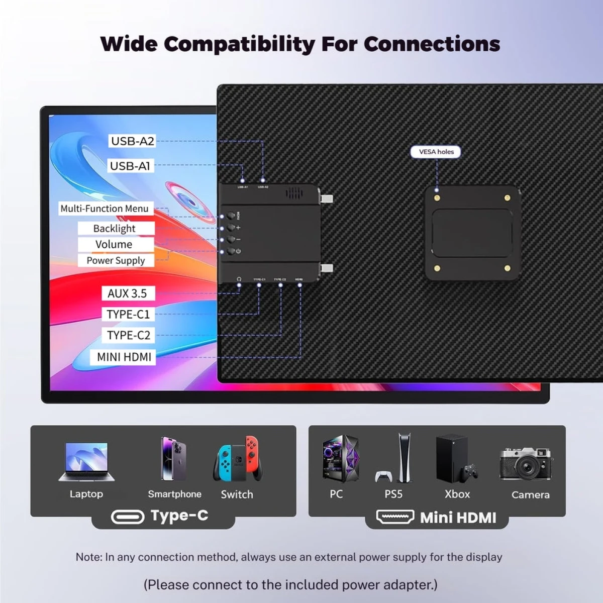 V2COM D1 24” IPS Full HD Portable 100Hz Lightweight & Portable Low Power 20W Adjustable Stand USB C & Mini HDMI Support for MAC, Windows, Android, Linux, Chrome w/ Speakers