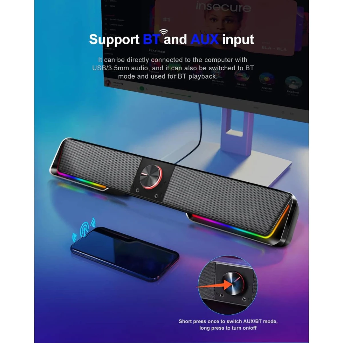 REDRAGON GS570 Darknets Support Bluetooth Wireless aux 3.5 surround RGB speakers column sound bar for computer PC loudspeakers
