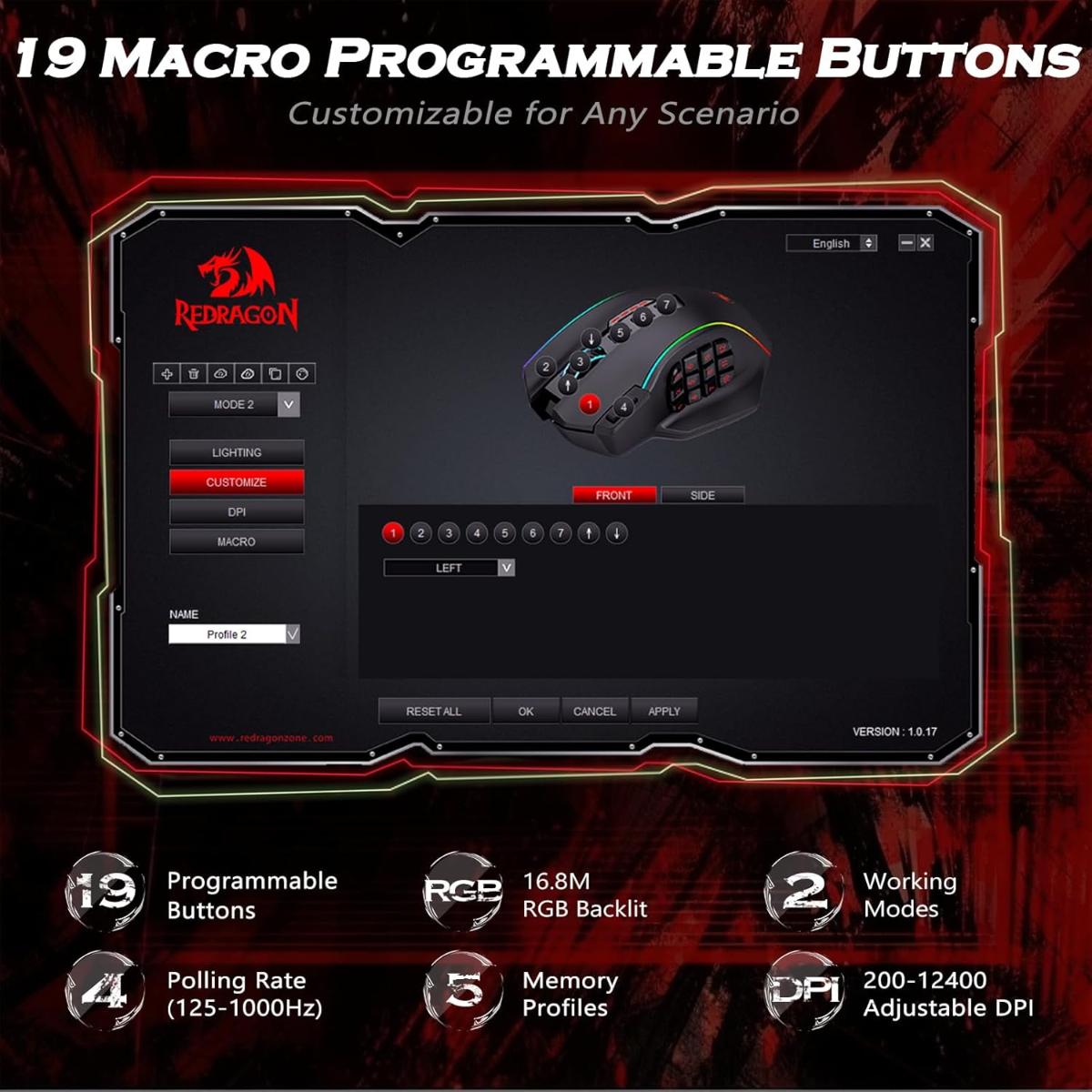Redragon Gaming Mouse M901-K-2 MMO Mouse Gaming UP 12400 DPI 19 Macro Programmable Buttons RGB Mouse with 12 Side Buttons 8 * 2.4g Weight Tuning for PC Laptop MOBA FPS M901K Black