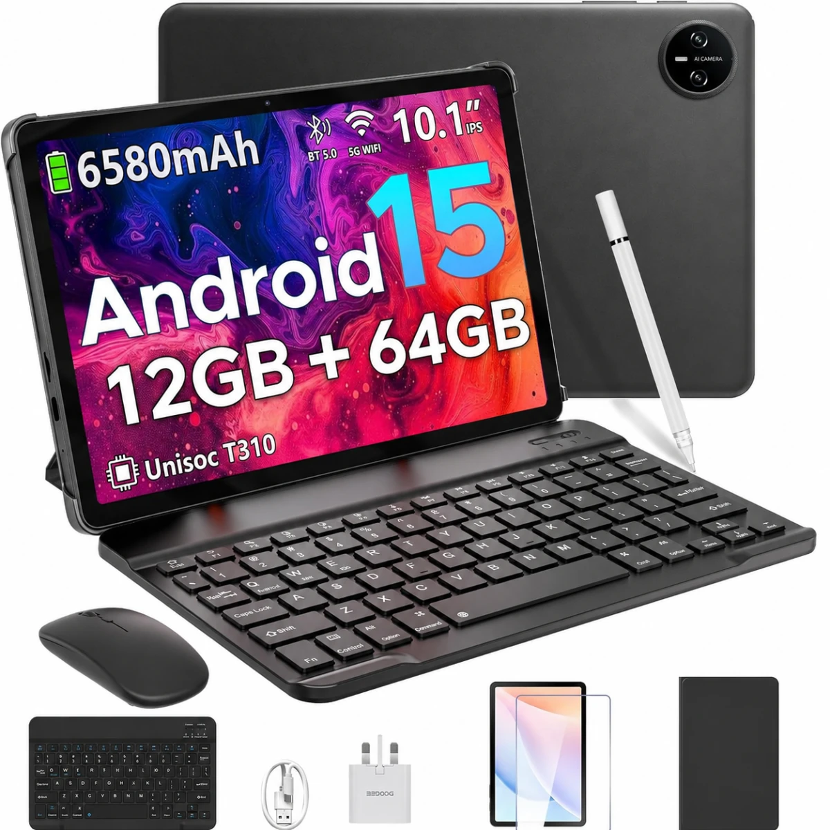 DOOGEE Tab A9 VIB Edition (2025) 10.1" Android WIFI Tablet (64GB Storage 4GB + 9GB Shared Memory) Bundle (Keyboard + Mouse + Pen + Cover + Screen Protector) , Black