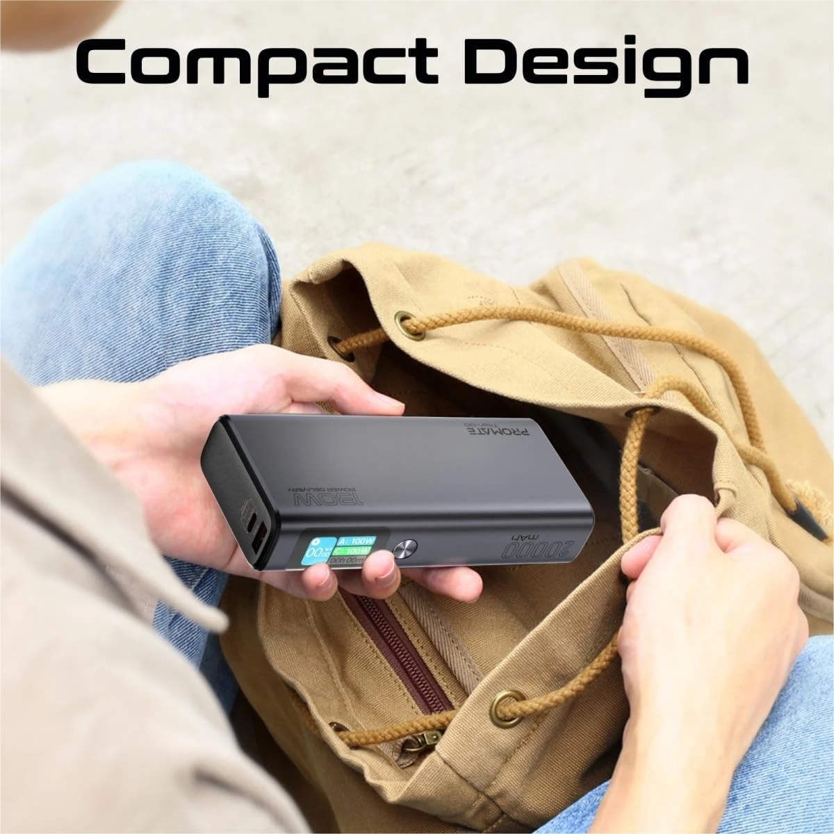 Promate Titan-130 Universal 20000mAh Ultra-Slim Portable Power Pack with 130W Power Delivery, Smart TFT LCD Screen, USB-A QC 3.0, Dual USB-C Input/Output Ports, and Over-Heating Protection
