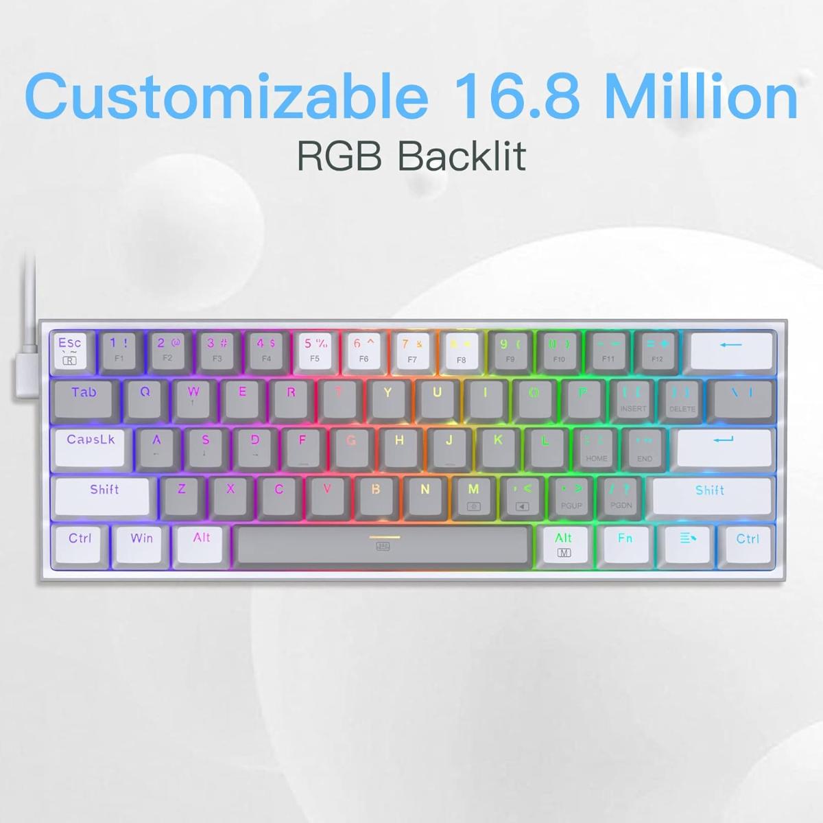 Redragon K617 Fizz 60% Wired RGB Gaming Keyboard, 61 Keys Compact Mechanical Keyboard W/Grey White Color Keycaps, Linear Red Switch, Pro Driver/Software Supported