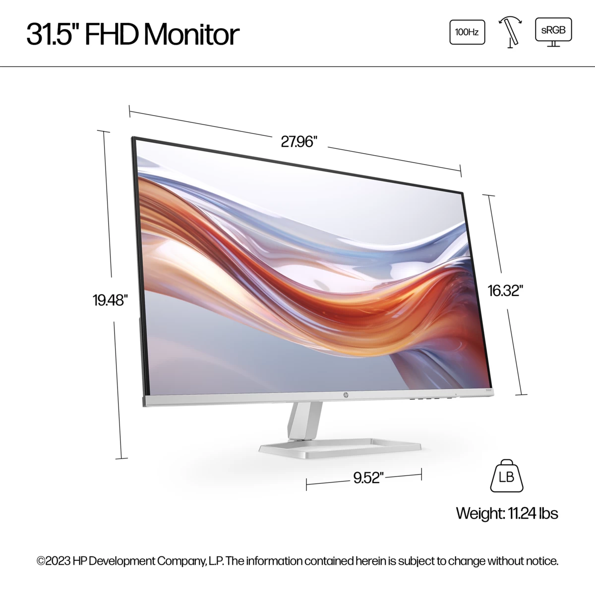 HP 532sf 32" Ultraslim Full HD Monitor 100Hz 99% sRGB Color 300 Nits 2x HDMI AMD FreeSync w/ Eye Safe , Silver & Black