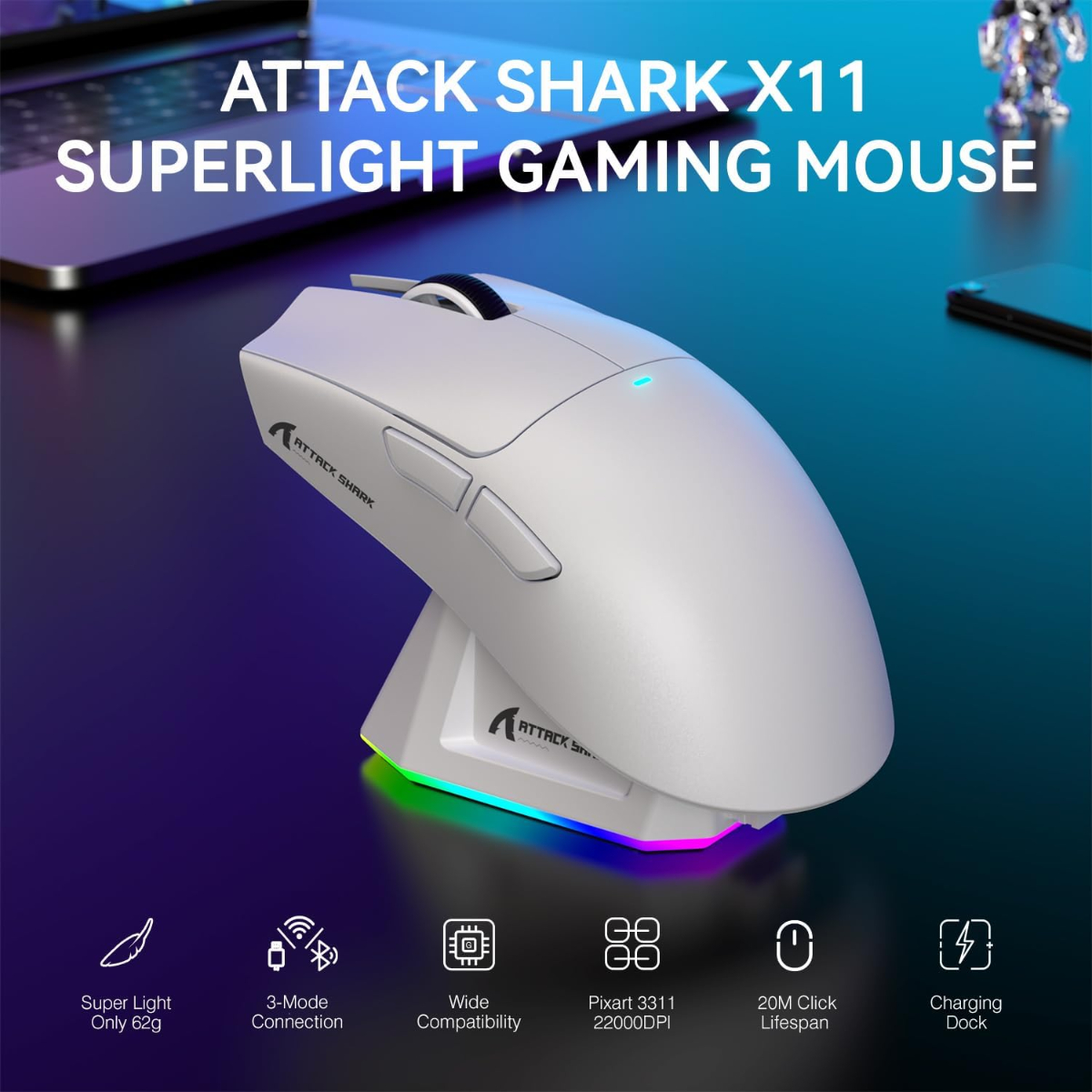 ATTACK SHARK X11 Lightweight Wireless Gaming Mouse with RGB Charging Dock,Tri-Mode-2.4G/USB-C Wired/BT,22K DPI,Optical Sensor,HUYU Switch, 5 programmable Buttons for PC/Mac(White)