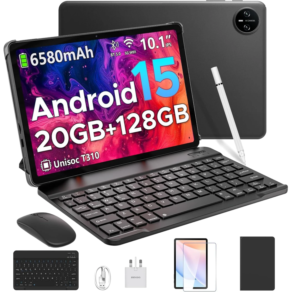 DOOGEE Tab A9 Pro VIB Edition (2025) 10.1" Android WIFI Tablet (128GB Storage  4GB + 16GB Shared Memory) Bundle (Keyboard + Mouse + Pen + Cover + Screen Protector) , Black