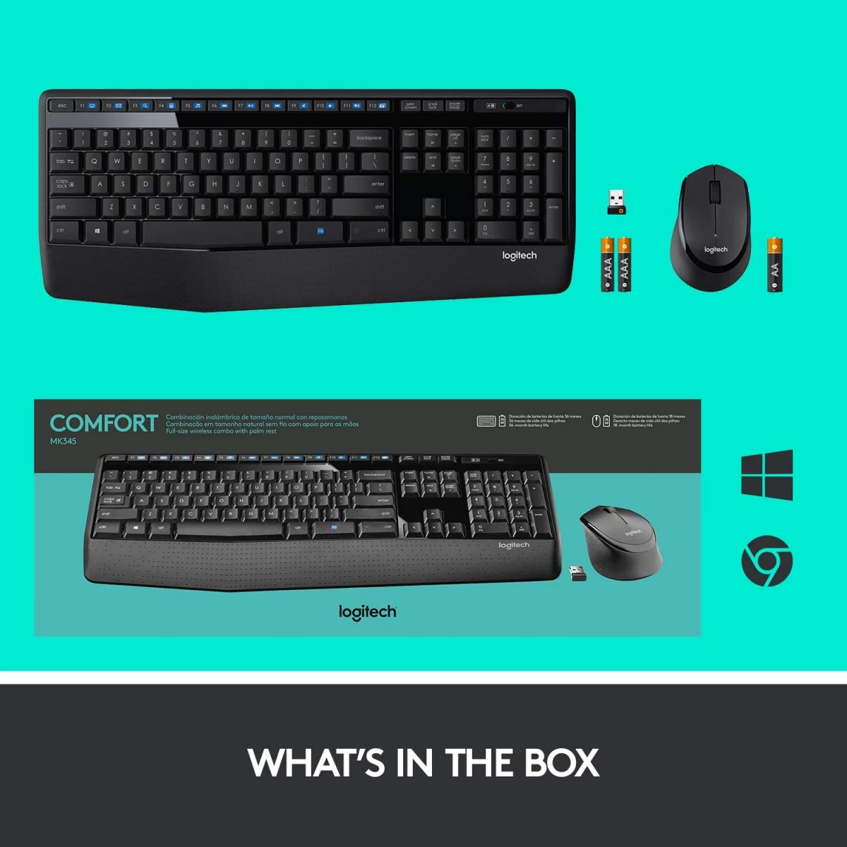 Logitech MK345 Wireless Combo Full-Sized Keyboard with Palm Rest and Comfortable Right-Handed Mouse 2.4 GHz Wireless USB Receiver Arabic / English Layout