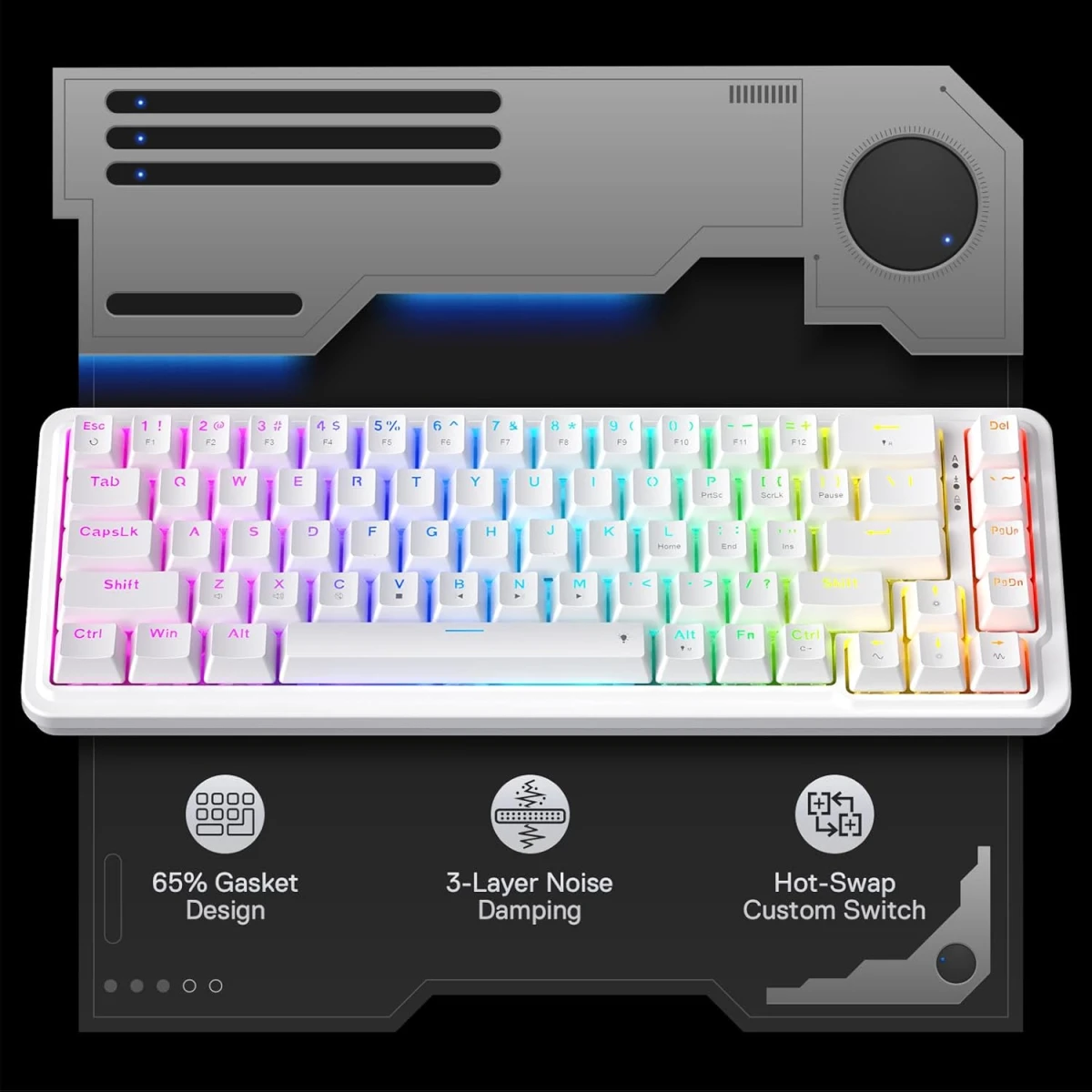 Redragon K709 NOVA 65% Wired Gasket RGB Gaming Keyboard, 68 Keys Hot-Swap Compact Mechanical Keyboard w/Free-Mod Socket, 3-Layer Noise Dampening & Dedicated Arrow Keys, Quiet Custom Linear Switch , White