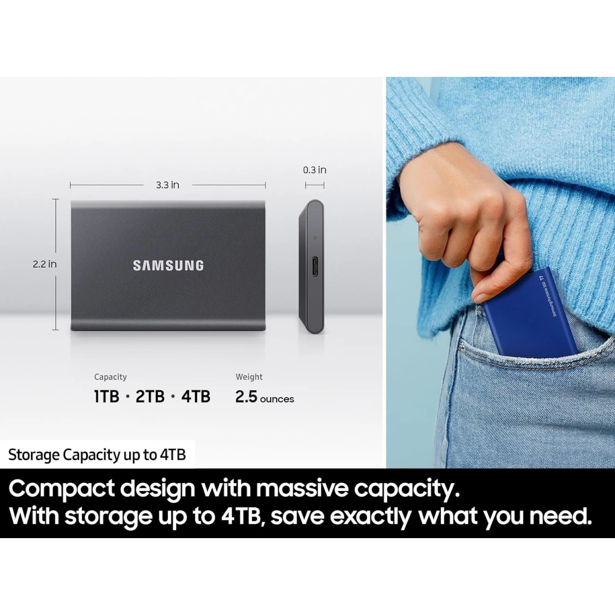 SAMSUNG T7 Portable SSD 1TB External SSD Speeds Up to 1,050MB/s USB 3.2 Gen 2 For Gaming, Students, Professionals - Gray