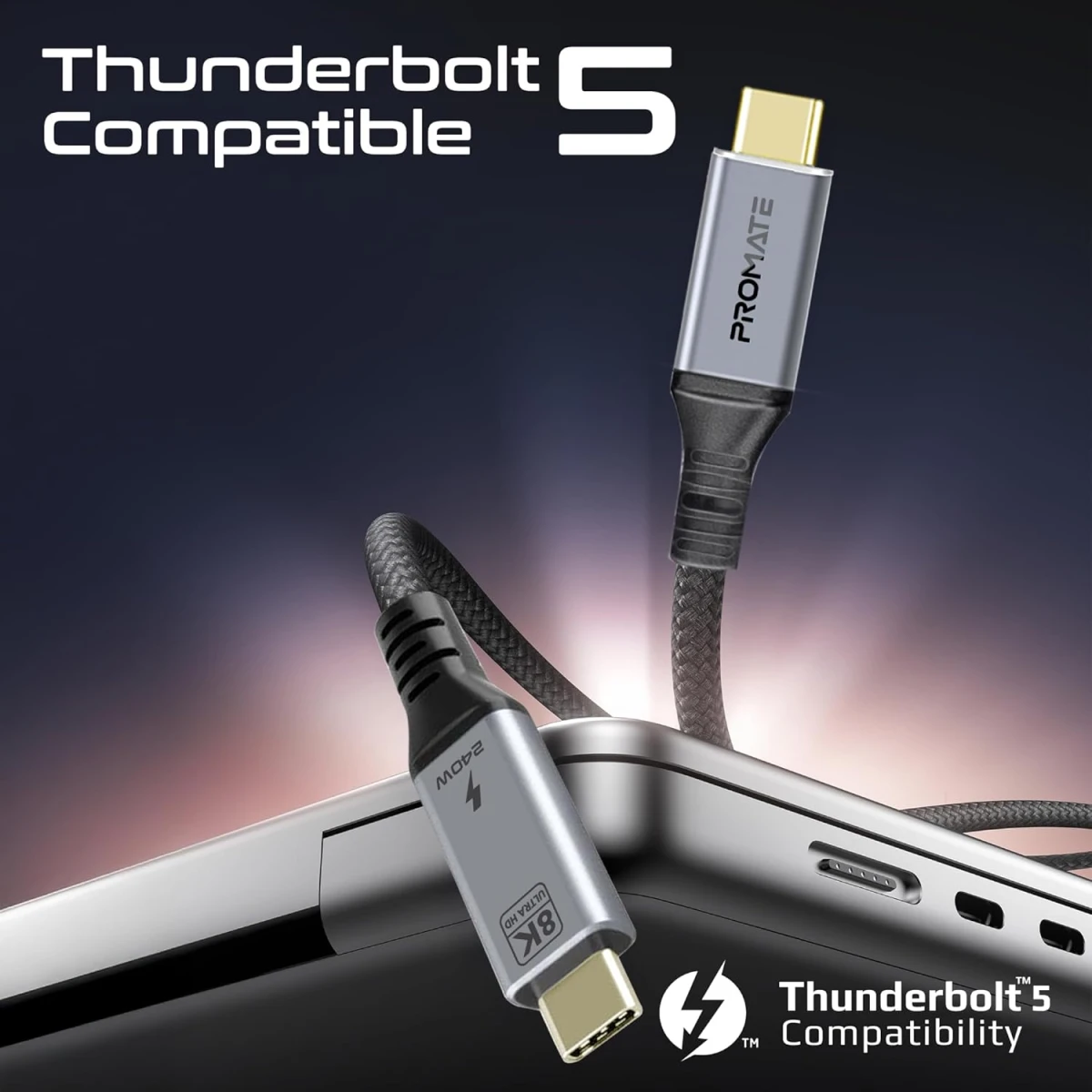 Promate PowerBolt5-80G Thunderbolt 5 USB 4 Cable 80Gbps Data Transfer, 240W Power Delivery, 8K Ultra HD Display Support, USB-C to USB-C 1.2M Cable, Compatible with Thunderbolt 5, Durable Build Black