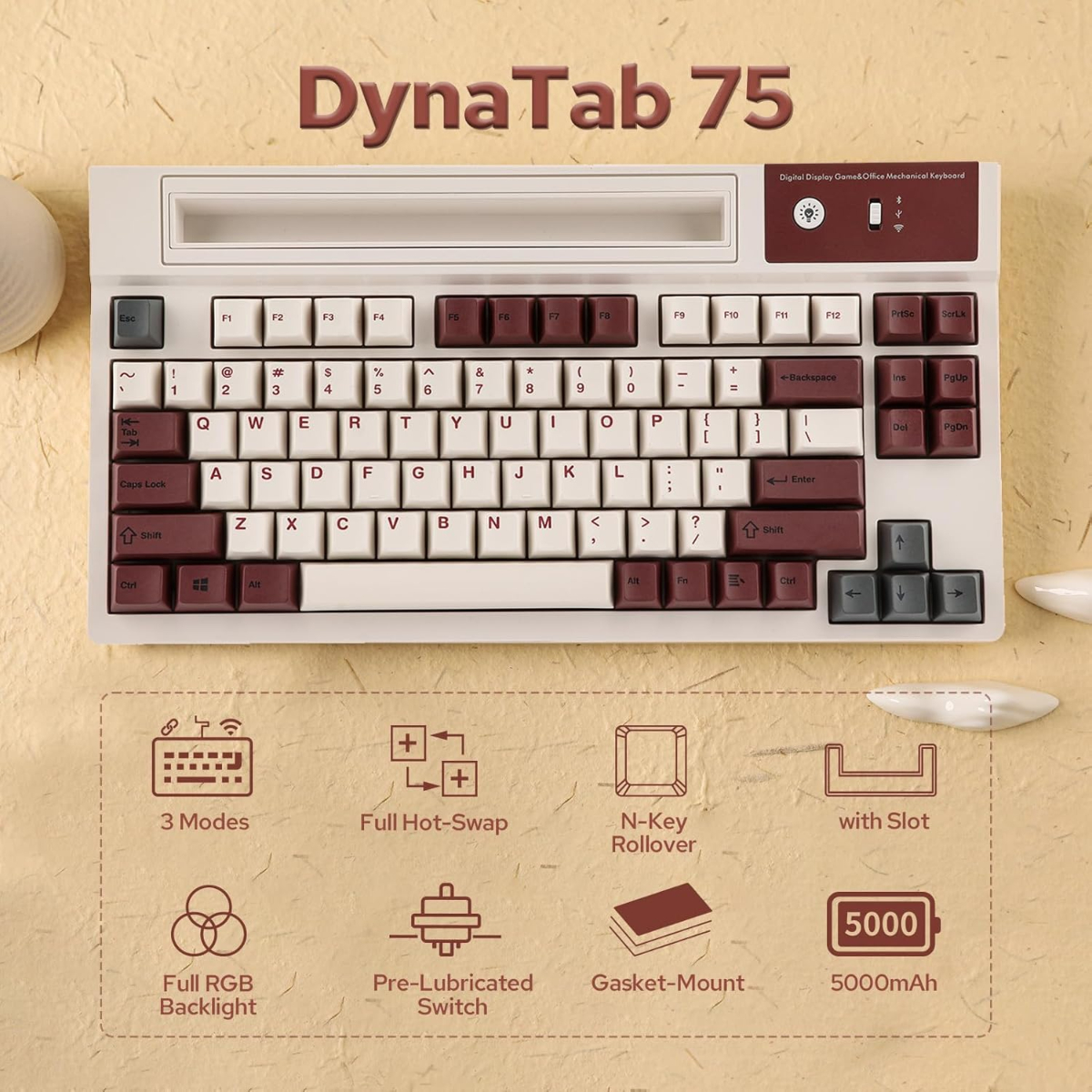 EPOMAKER DynaTab75 Wireless Gaming Keyboard with Slot for iPad Tablet, Hot-swap Gasket Mechanical Keyboard, 2.4G/USB-C/BT5.0 Creamy Keyboard, RGB, Fast Charge Flamingo Switch