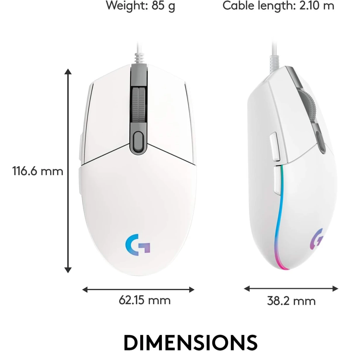 Logitech G102 Light Sync Gaming Customizable RGB Lighting 6 Programmable Buttons Gaming Grade Sensor 8,000dpi Tracking Light Weight - White