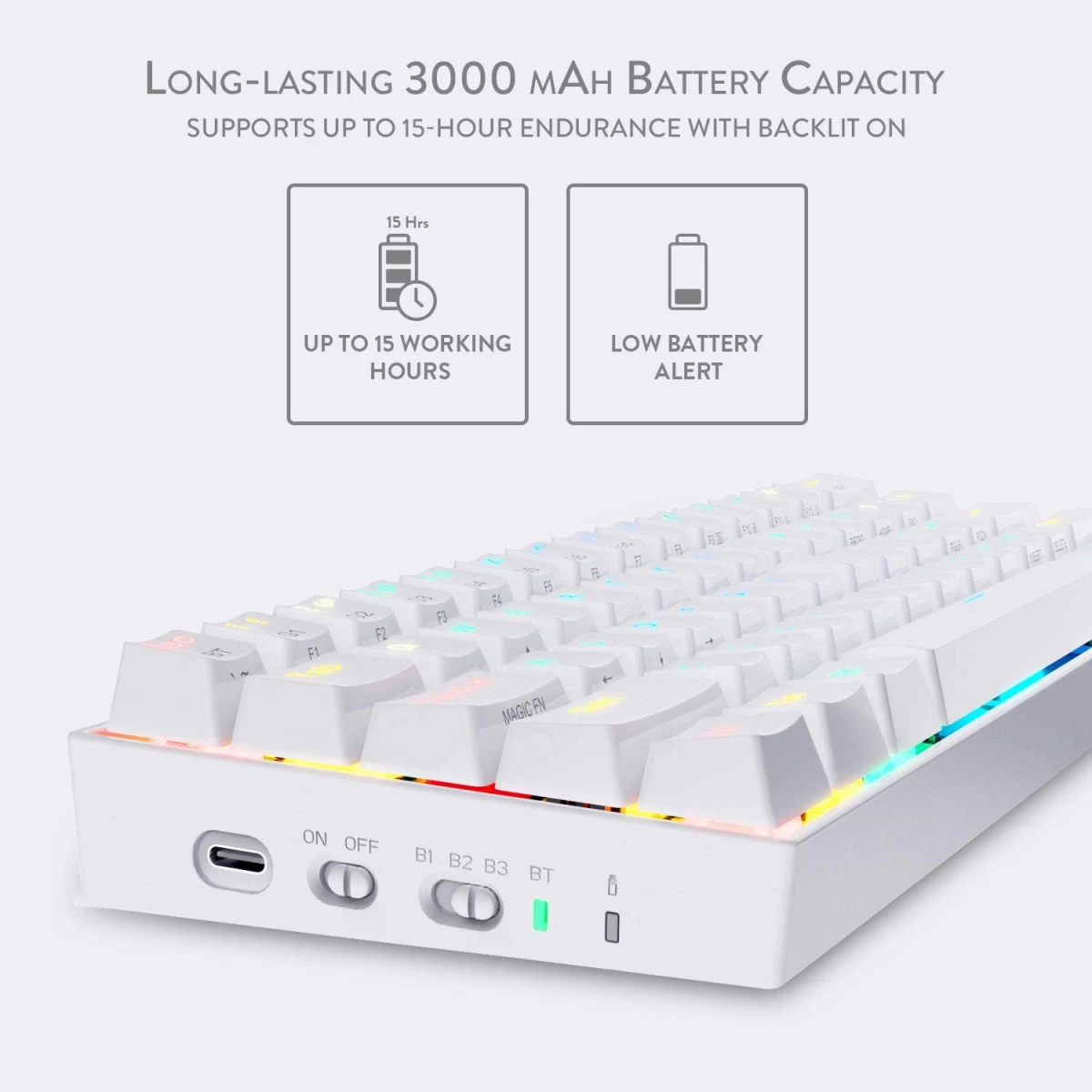 Redragon K530 Pro Draconic 60% Wireless RGB Mechanical Keyboard, BT/2.4Ghz/Wired 3-Mode 61 Keys Compact Gaming Keyboard w/Hot-Swap Socket, Free-Mod Plate Mounted PCB & Tactile Red Switch - White
