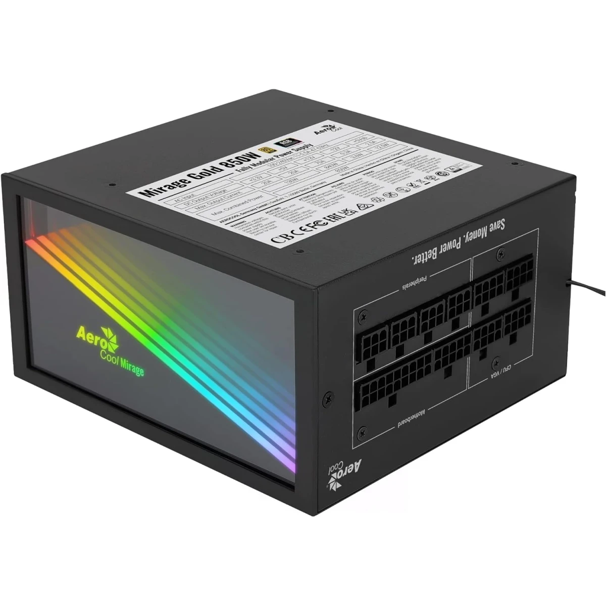 Aerocool Mirage 850W 80+ Gold Full Modular Infinity Mirror RGB Lighting, 120mm Hgh-pressure Fan Japanese Capacitors, Black