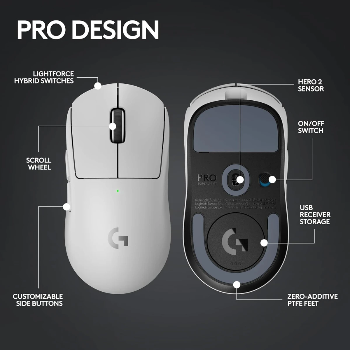 Logitech G PRO X SUPERLIGHT 2 LIGHTSPEED Wireless 4K Polling Lightweight LIGHTFORCE Hybrid Switches HERO 2 Sensor 32,000 DPI USB-C Charging, PC & Mac - Black