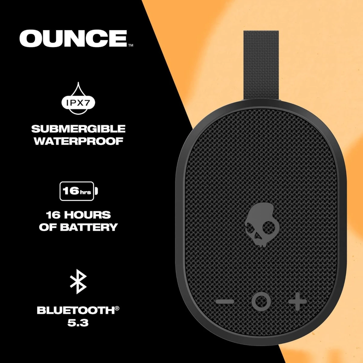 Skullcandy Ounce Wireless Bluetooth Speaker - IPX7 Waterproof Mini Portable Speaker with 16 Hour Battery, Downward Firing Passive Radiator, and Ballistic Nylon Carry Strap - Black hover