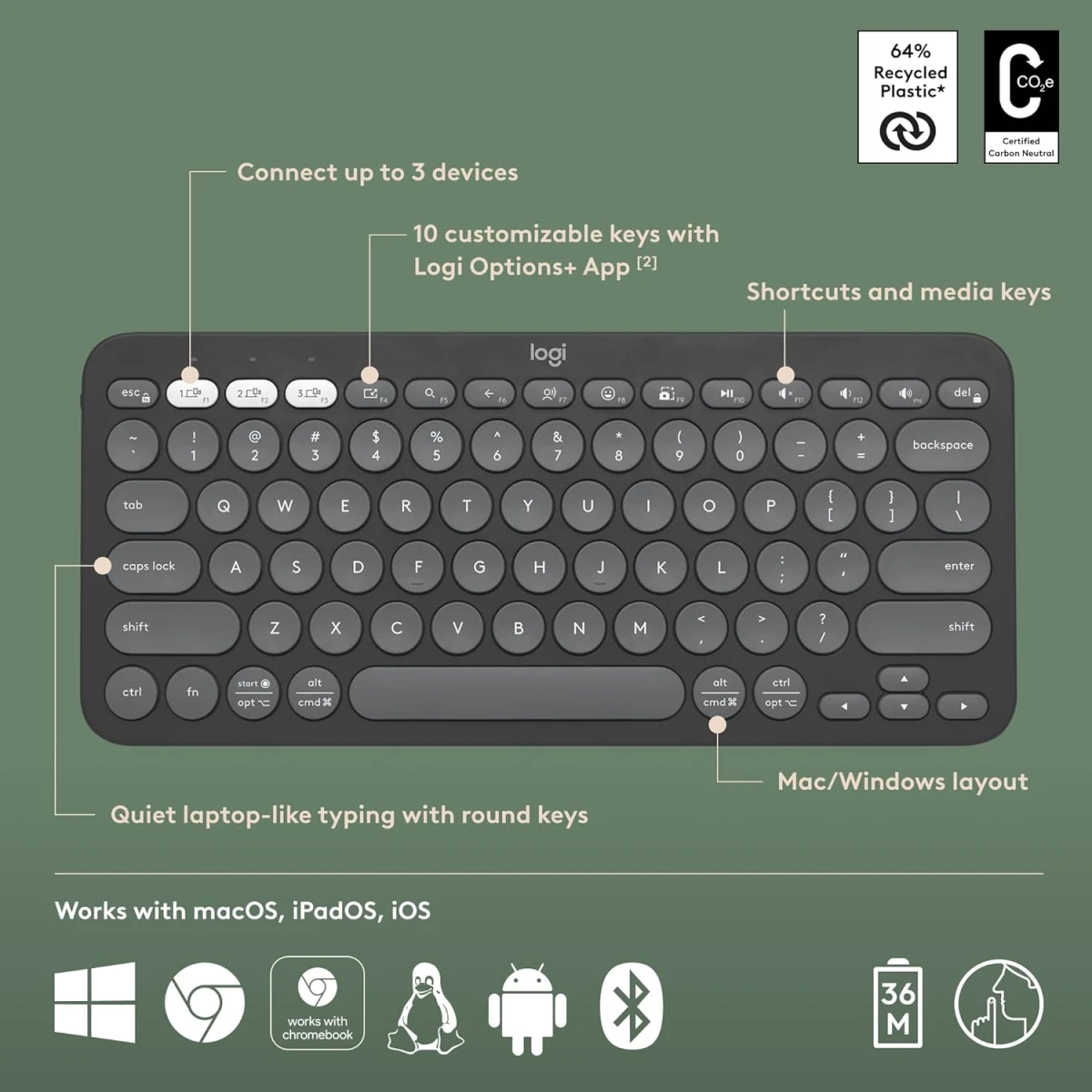Logitech Pebble Keys 2 K380s Multi-Device Bluetooth Customizable Shortcuts Slim & Portable For Windows, macOS & Android Arabic / English