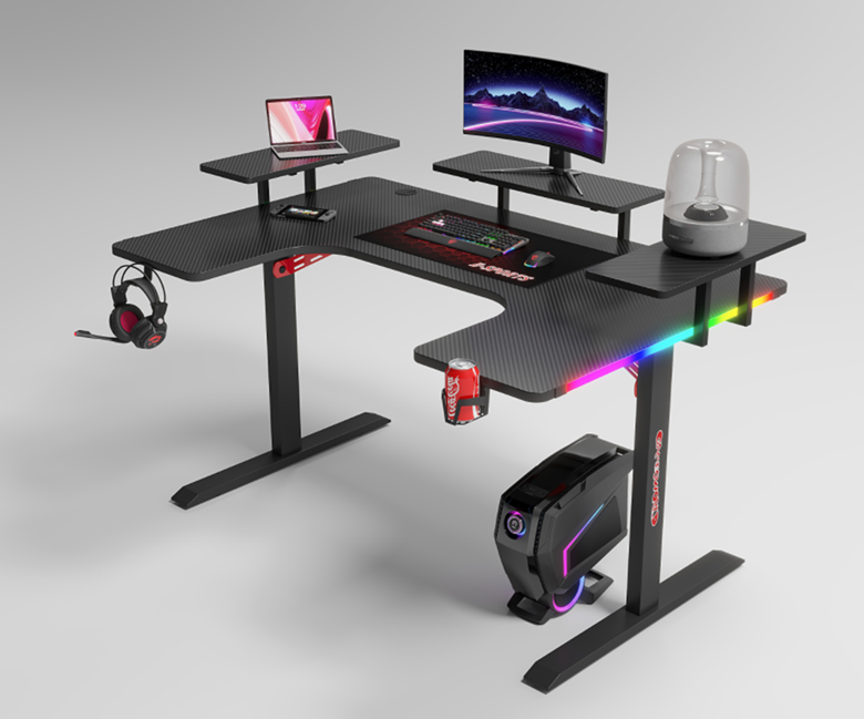 FEEX P203 Gaming Desk –1600*1000*800cm Black Modern Thick Gaming Desk U-Shaped Large Computer PC Table with Monitor Stand Side Shelves Carbon Fiber Finish for Home Office or Study