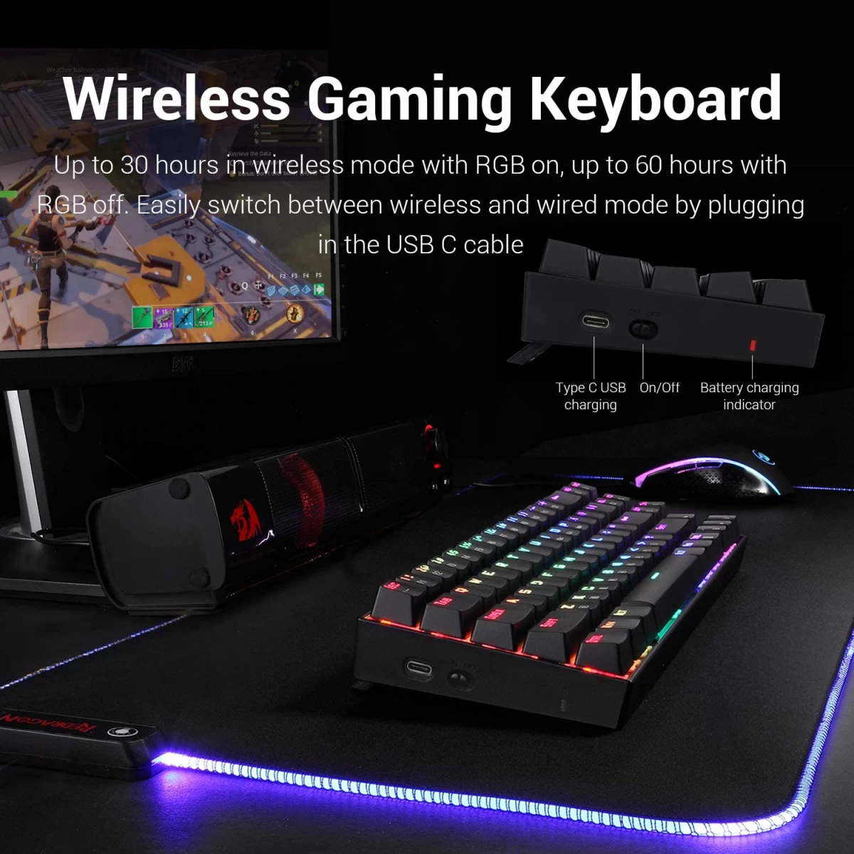 Redragon K599-KRS Wire & Wireless 60% Compact 70 Key Tenkeyless RGB Backlit Computer - Red Switch