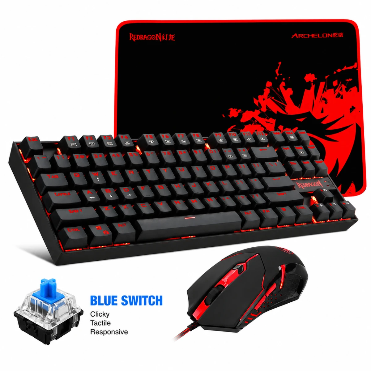 Redragon - K552-BA Mechanical Keyboard & Mouse & Large Mouse Pad Combo - 87 Key LED Backlit Adjustable Brightness and Breathing Effects - 100% Anti-Ghosting (Keyboard, Mouse, Mousepad Set) - Blue Switch