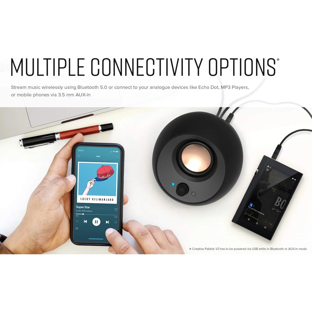 Creative Pebble V3 Minimalistic 2.0 USB-C Clear Dialog Enhancement Bluetooth 5.0 8W RMS /16W Peak Power USB-A Converter Included -Black