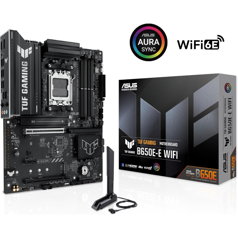 ASUS TUF GAMING B650E-E WIFI AMD AM5 B650 ATX motherboard, 8+2+1 80A DrMOS stage, DDR5, PCIe 5.0 Ready, 3x M.2, Wi-Fi 6E, 2.5 Gb LAN, DisplayPort, HDMI™, USB 20Gbps Type-C®, BIOS FlashBack™, Aura Sync