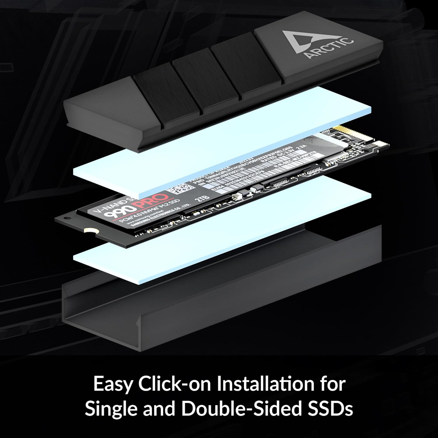 ARCTIC M2 Pro - Heatsink cooler for M.2 2280 SSD, with ARCTIC TP-3 thermal pads, compatible with PC & PS5, for dual and single-sided SSDs - Black