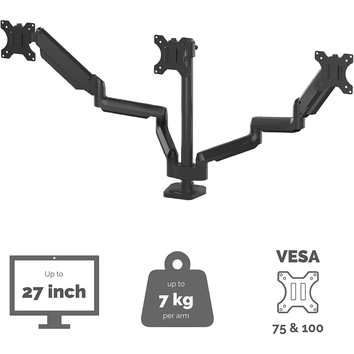 Fellowes Platinum Series Adjustable Triple Monitor Arm , Black