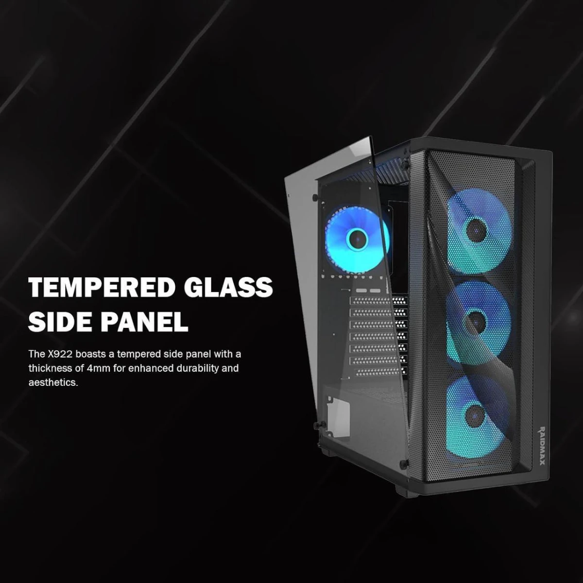 Raidmax MESHIAN X922 ATX Mesh Front Tempered Glass 4x 120mm ARGB Fan Preinstalled Supports Up to 320mm GPU - Black