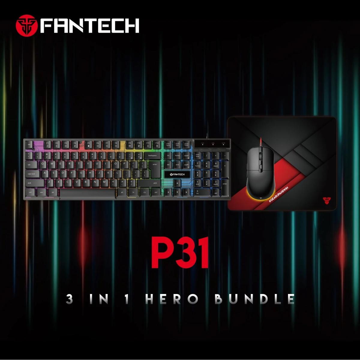 Fantech P31 Hero Bundle Wired Gaming Set (Keyboard + Mouse + Mouse Pad) Combo Kit, RGB Full Size Membrane Keyboard, 3600 DPI RGB Mouse, Large Stitched & Smooth Mouse Pad (350 x 300 x 4mm)