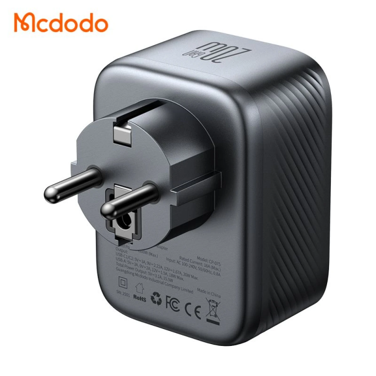 Mcdodo CP-0750 Universal Travel Adapter One for 4 Outputs (AC + 2 USB-C + USB) 20W Worldwide Use EU Travel Plug with 3 USB - Black