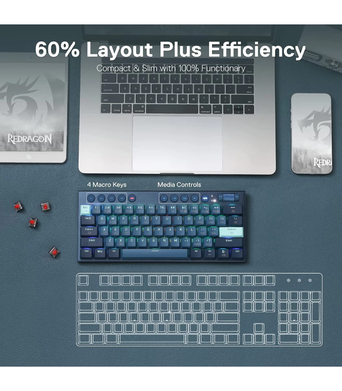 Redragon K632 Blue PRO 60% 3-Mode Connection RGB Mechanical Ultra-Thin Low Profile w/No-Lag Connection Dedicated Media Control - Red Switch