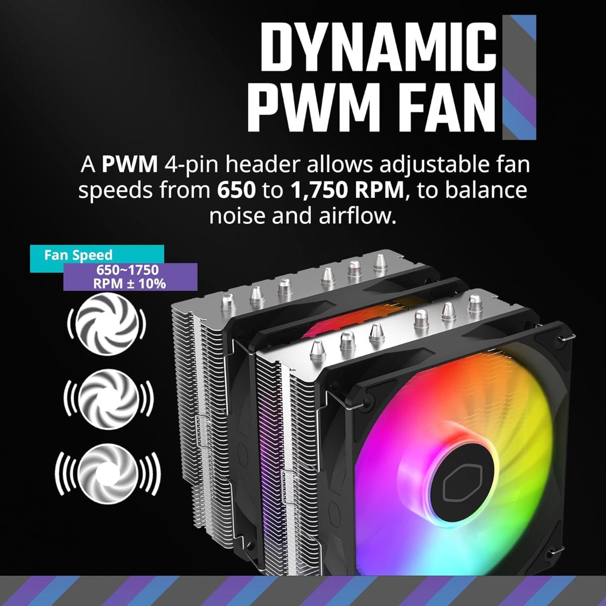 Cooler Master Hyper 620S Dual Tower CPU Air Cooler, ARGB Sync, 120mm PWM Fan, 6 Copper Direct Contact Heat Pipes, 154.9mm Tall Silver