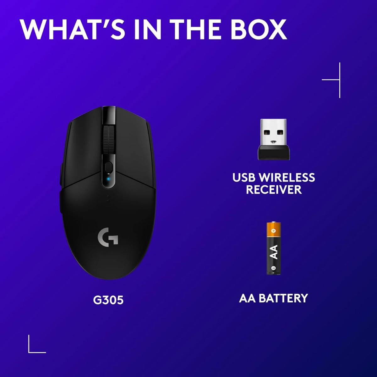 Logitech G305 LIGHTSPEED Wireless Gaming Mouse, Hero 12K Sensor, 12,000 DPI, Lightweight, 6 Programmable Buttons, 250h Battery Life, On-Board Memory, PC/Mac - Black