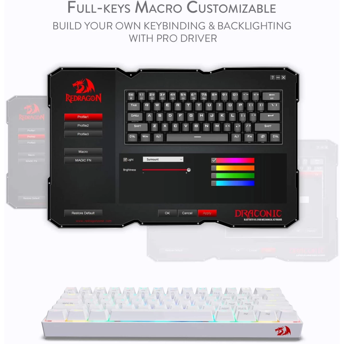 Redragon K530 Pro Draconic 60% Wireless RGB Mechanical Keyboard, BT/2.4Ghz/Wired 3-Mode 61 Keys Compact Gaming Keyboard w/Hot-Swap Socket, Free-Mod Plate Mounted PCB & Tactile Red Switch - White