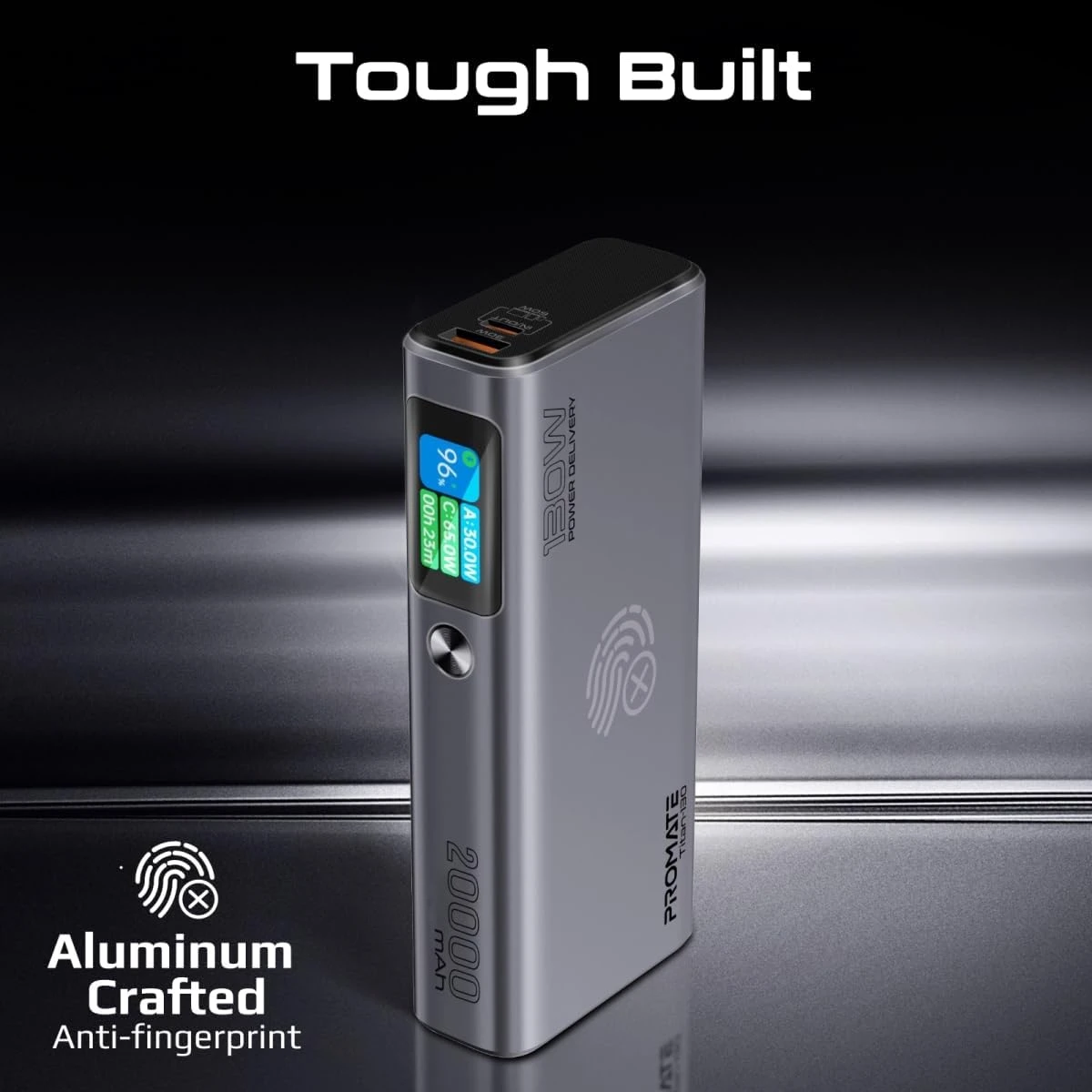 Promate Titan-130 Universal 20000mAh Ultra-Slim Portable Power Pack with 130W Power Delivery, Smart TFT LCD Screen, USB-A QC 3.0, Dual USB-C Input/Output Ports, and Over-Heating Protection