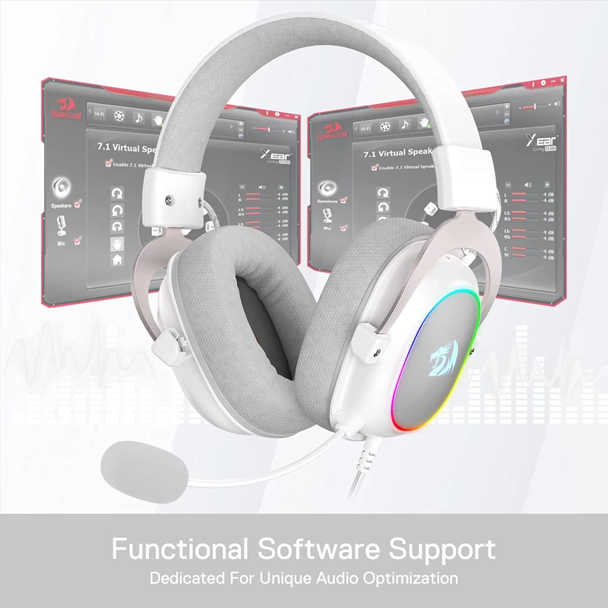 Redragon H510 Zeus-X RGB 7.1 Surround Sound 53MM Drivers Memory Foam Ear Pads w/Durable Fabric Cover - White