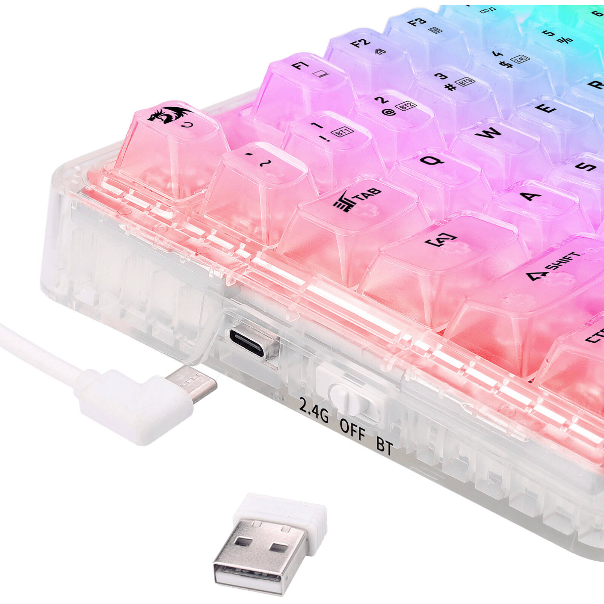 Redragon Elf Pro K649 Gasket 78% 82-Keys Mechanical Gaming Keyboard, Transparent Linear Switch, Hot-Swappable, USB-C Wired, BT 3.0/5.0 & 2.4Ghz Connectivity, 3000mAh Battery, White | K649CT-RGB-PRO