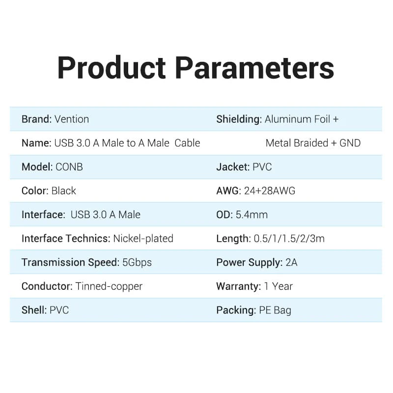 Vention USB 3.0 A Male to A Male  Cable 2M Black PVC Type